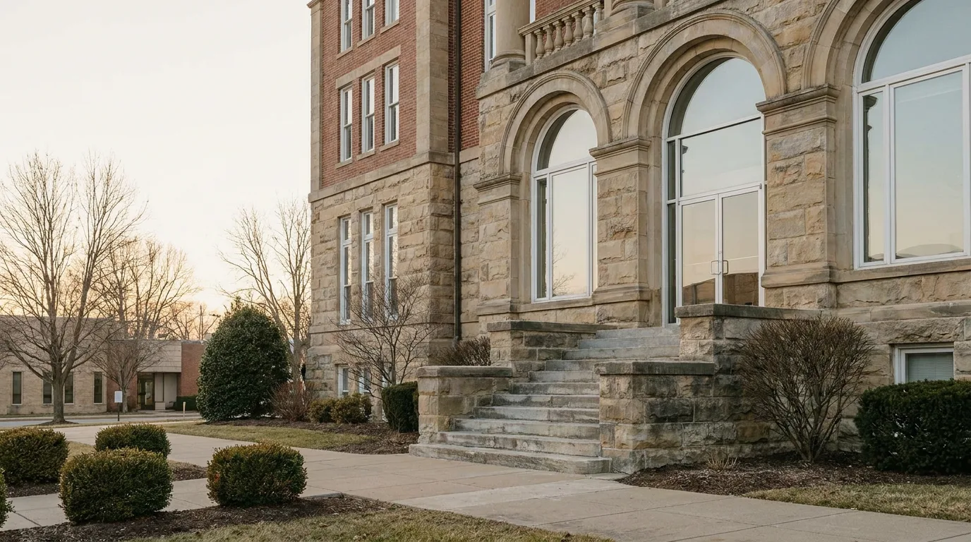 A calm county family courthouse exterior with stone steps and tall windows in soft morning light