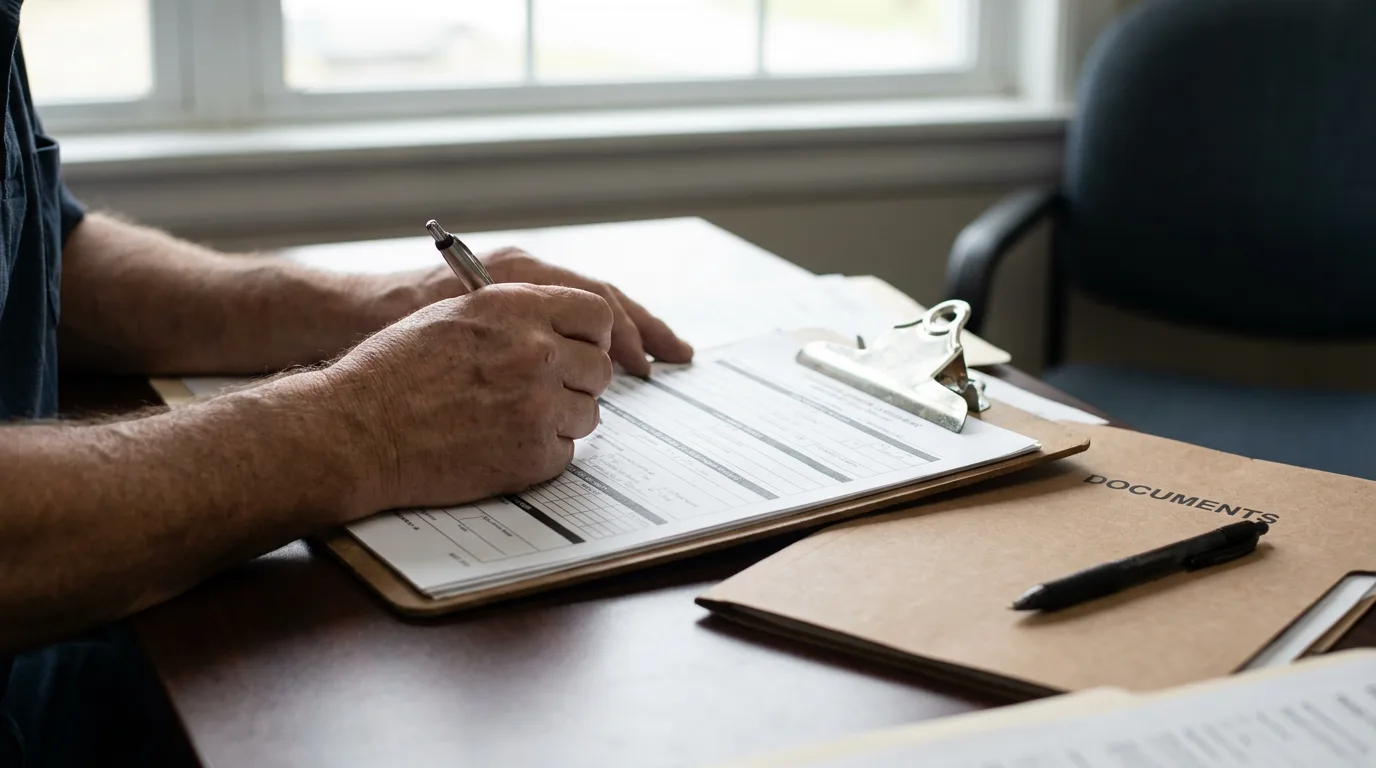 Hands filling out printed court custody forms on a clipboard at a desk in soft daylight