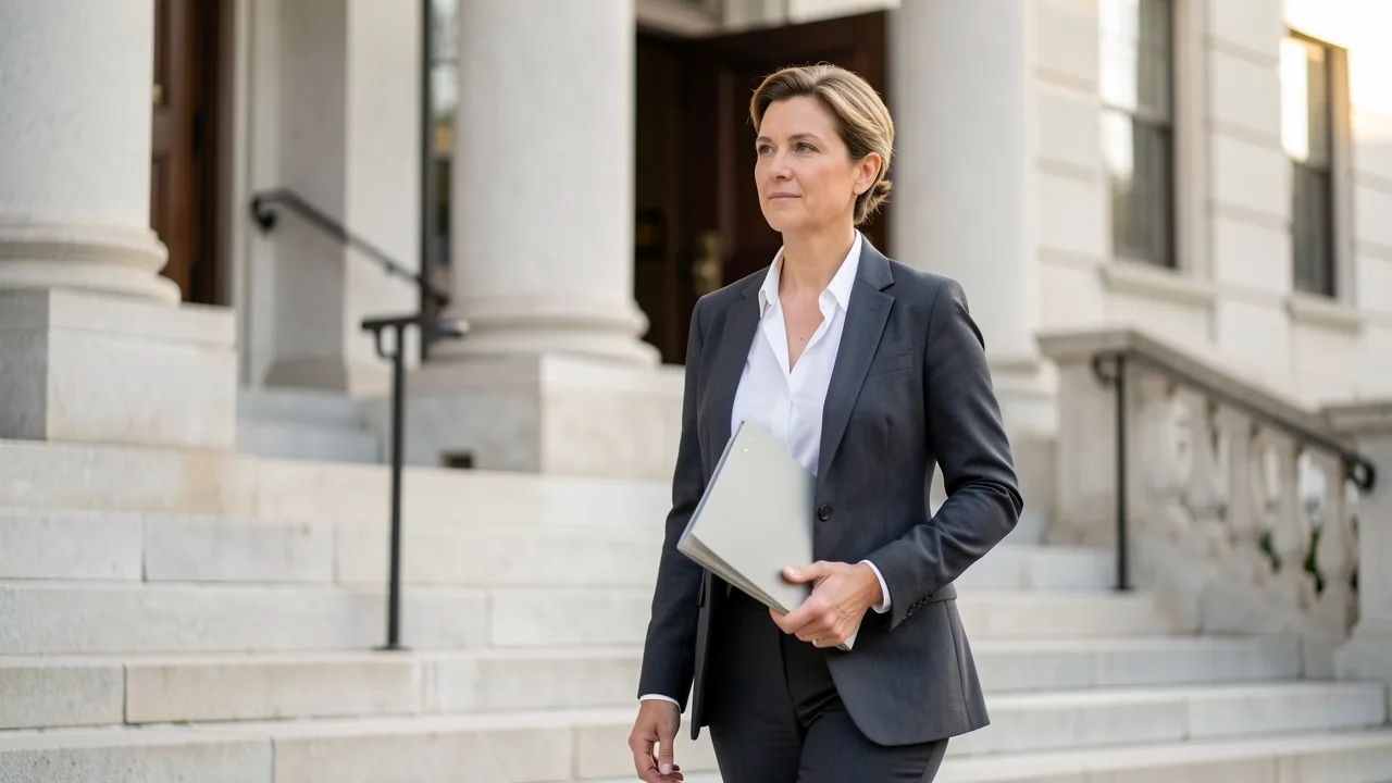 A parent in business attire walking up courthouse steps with a document folder