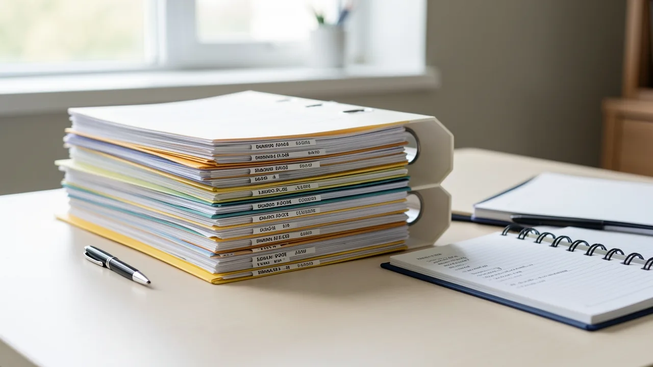 An organized stack of labeled folders and a tabbed binder ready for a custody hearing