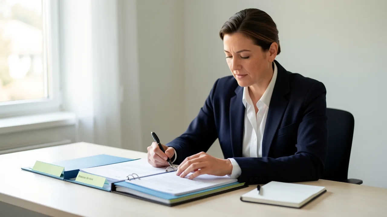 A parent organizing labeled document folders at a table while preparing for a custody hearing