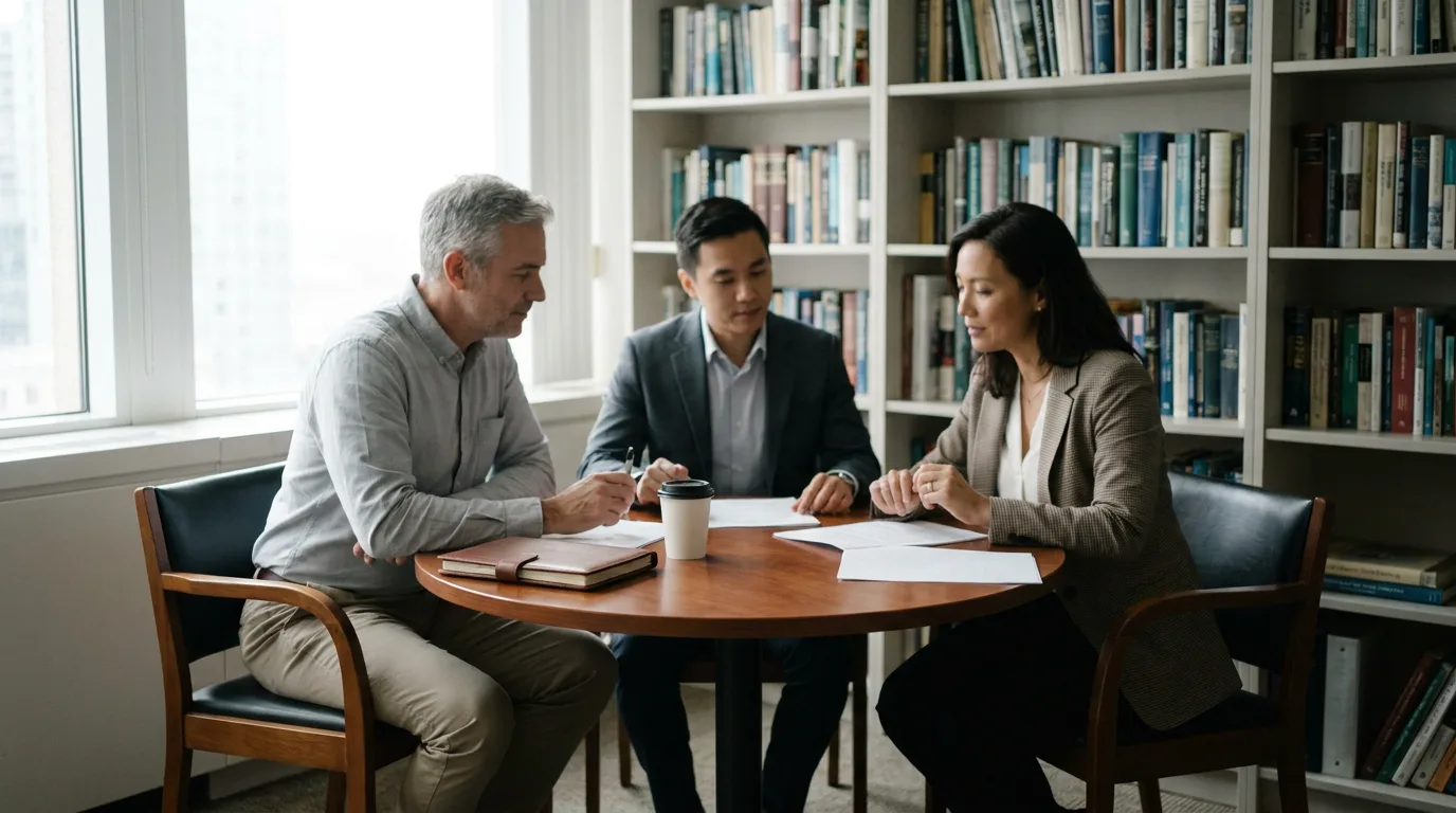 Two parents seated with a neutral mediator at a small table in a calm office, working through a parenting plan