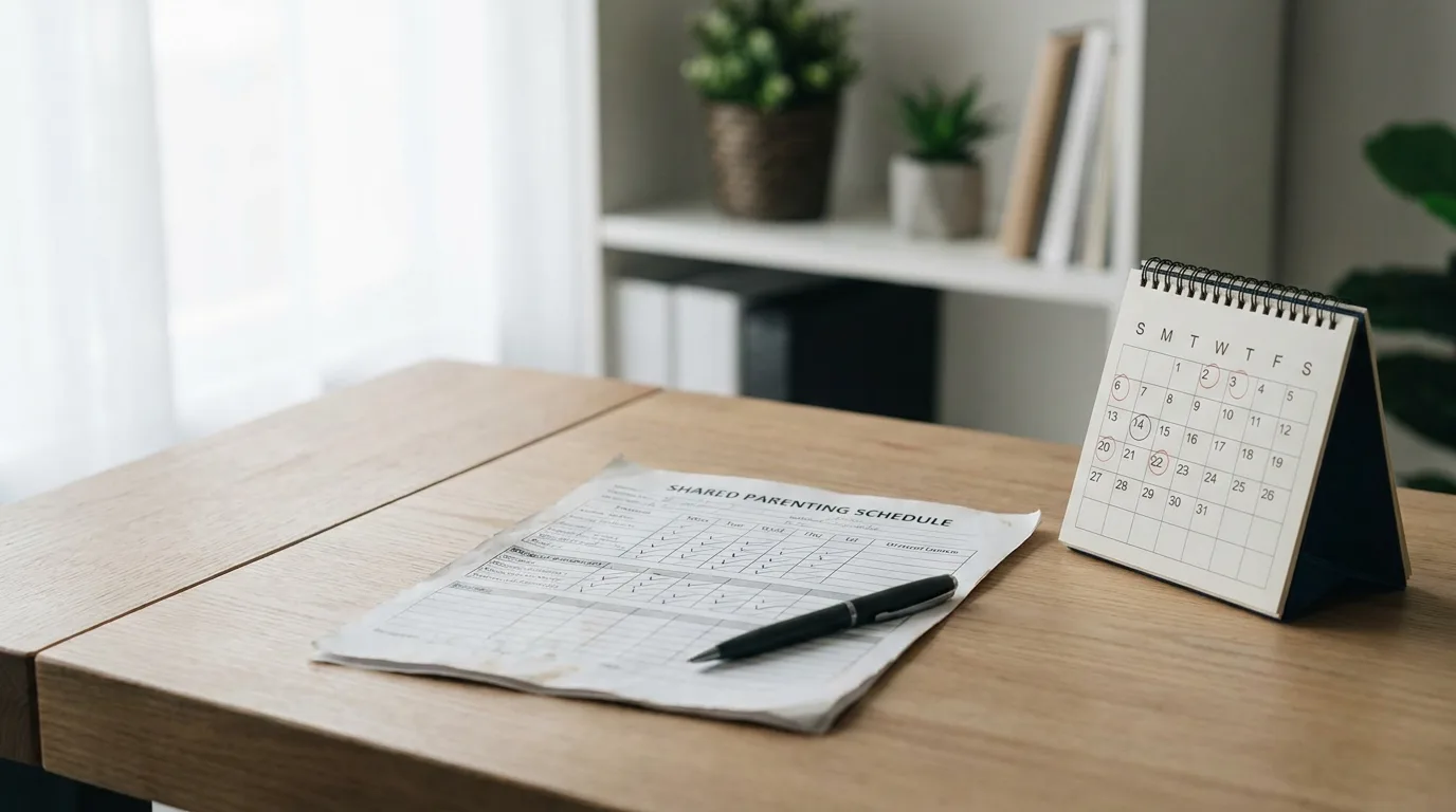 A parenting-schedule document, pen, and calendar on a clean desk in a calm office