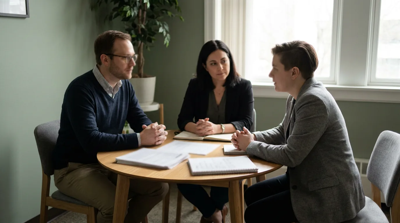 Two parents and a neutral mediator seated at a table in a calm office during custody mediation