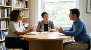 A neutral mediator and two parents seated at a round table in a calm, bright office