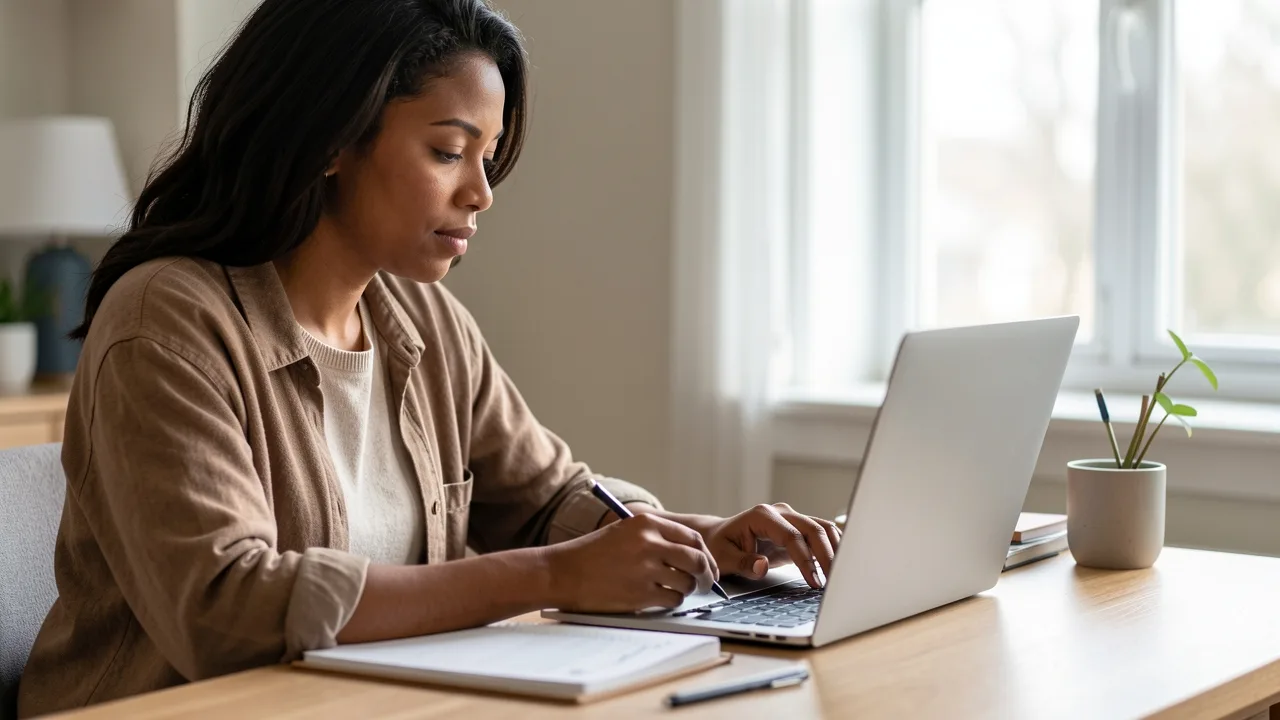A parent at a desk researching on a laptop and making notes in calm daylight