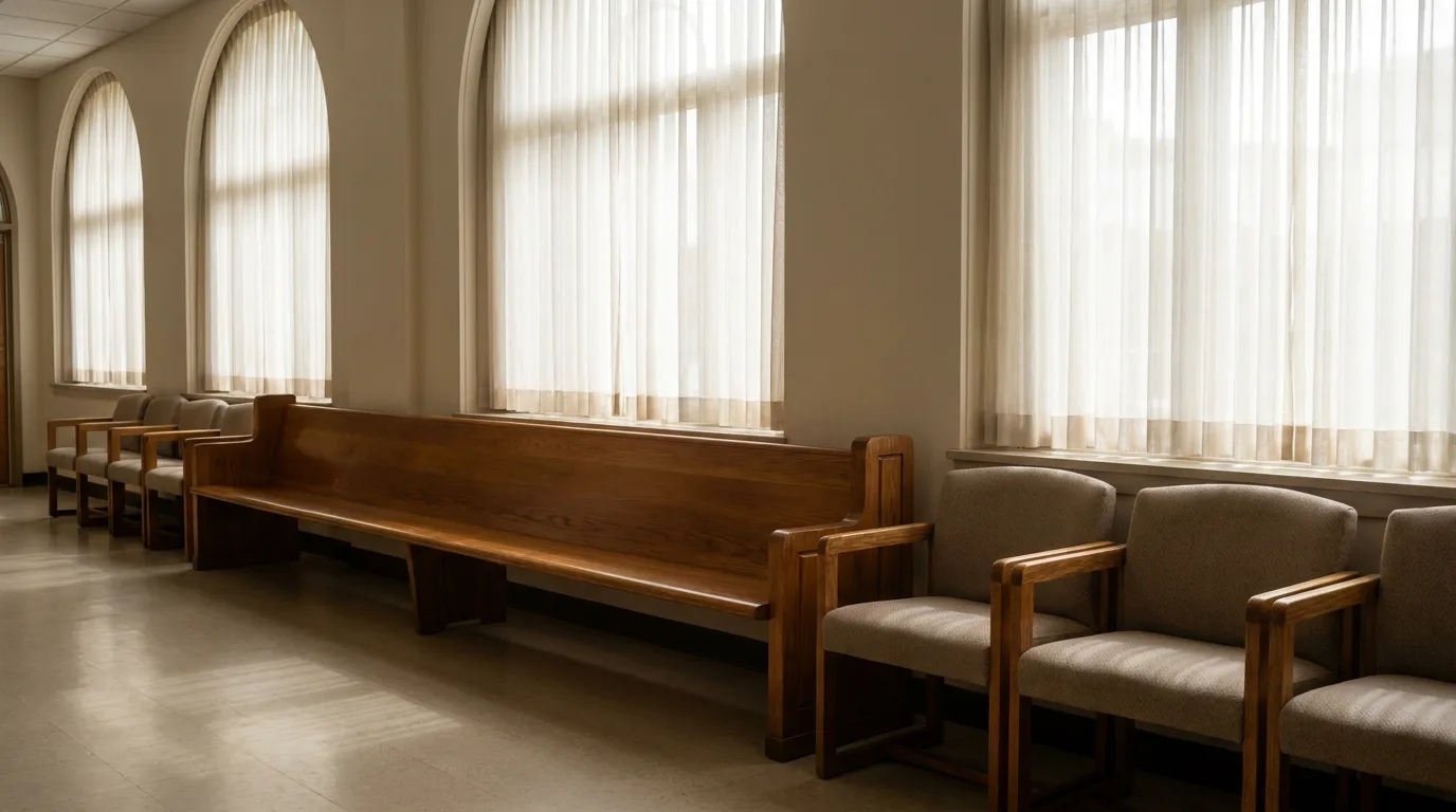 A calm, empty family-court hallway with a bench and soft daylight through tall windows