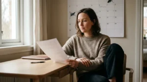 A parent reviewing a custody order and a calendar at a desk, considering a modification, in calm daylight