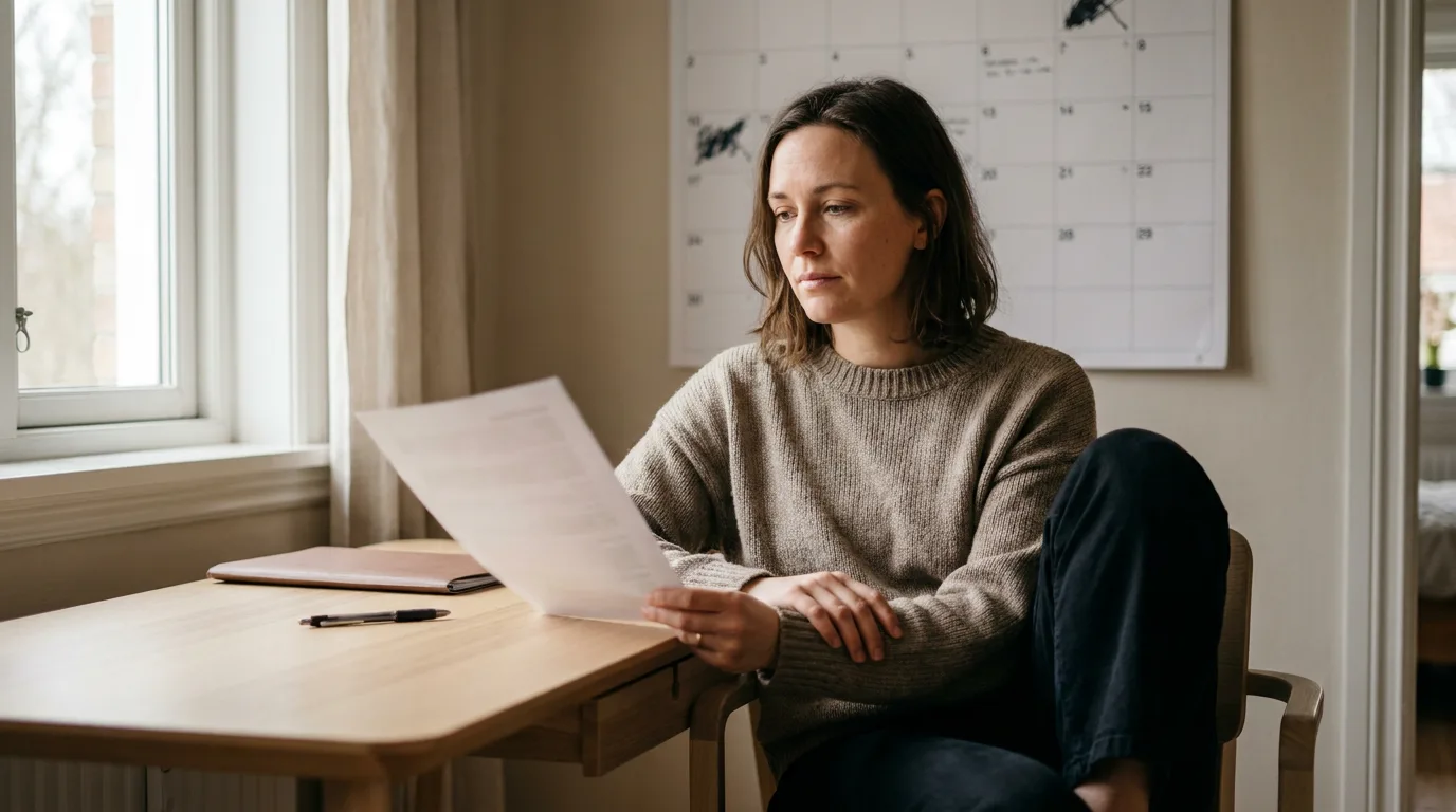 A parent reviewing a custody order and a calendar at a desk, considering a modification, in calm daylight