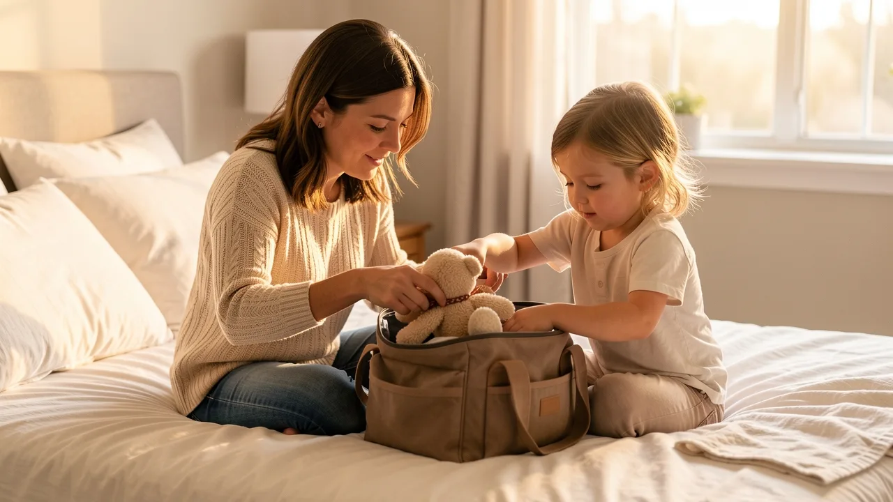 A parent and young child packing an overnight bag together, placing a stuffed animal on top