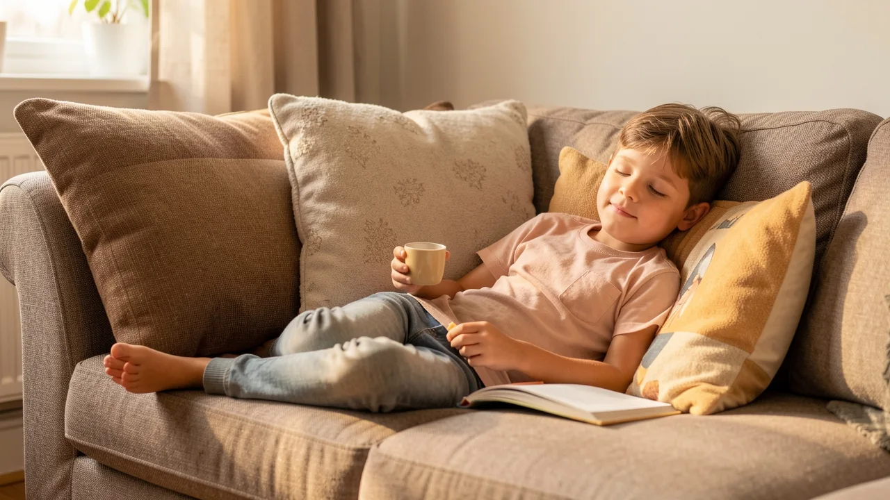 A child relaxing on a couch with a snack and a book shortly after arriving home