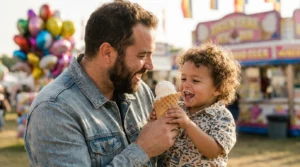 A parent and child sharing ice cream at an amusement park on a bright day, both smiling