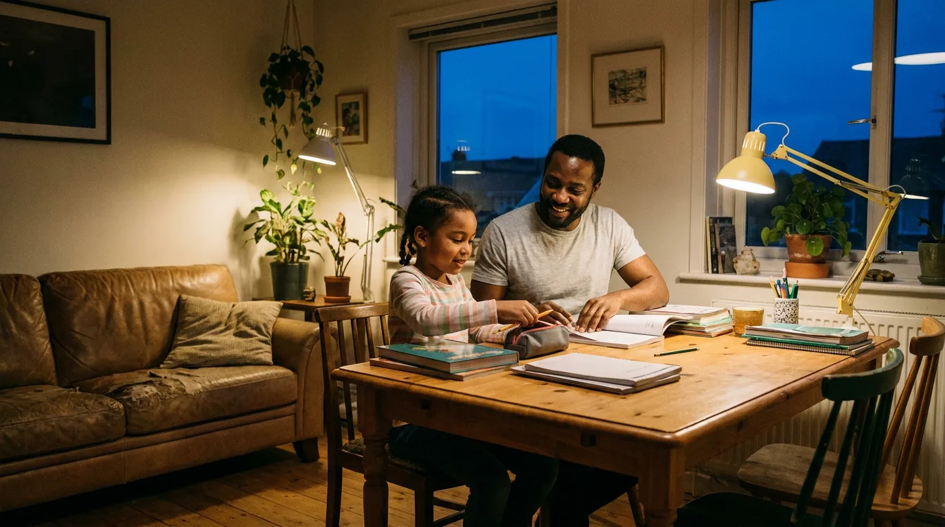 A parent and child doing a calm evening routine together at home in warm lamp light