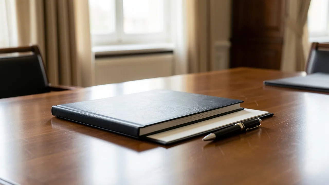 A closed legal folder and a pen on a polished desk in a calm formal office