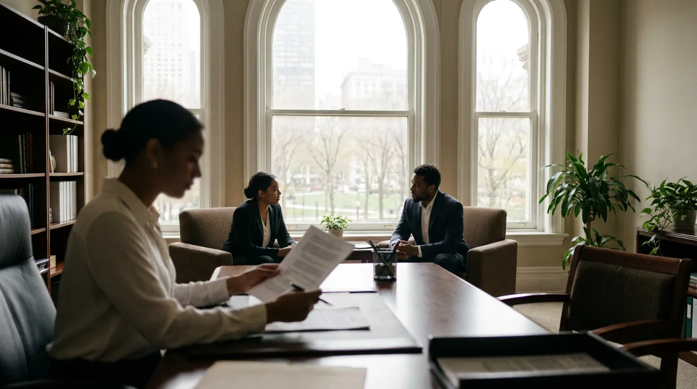 A neutral arbitrator reviewing documents at a desk across from two parties in a calm office