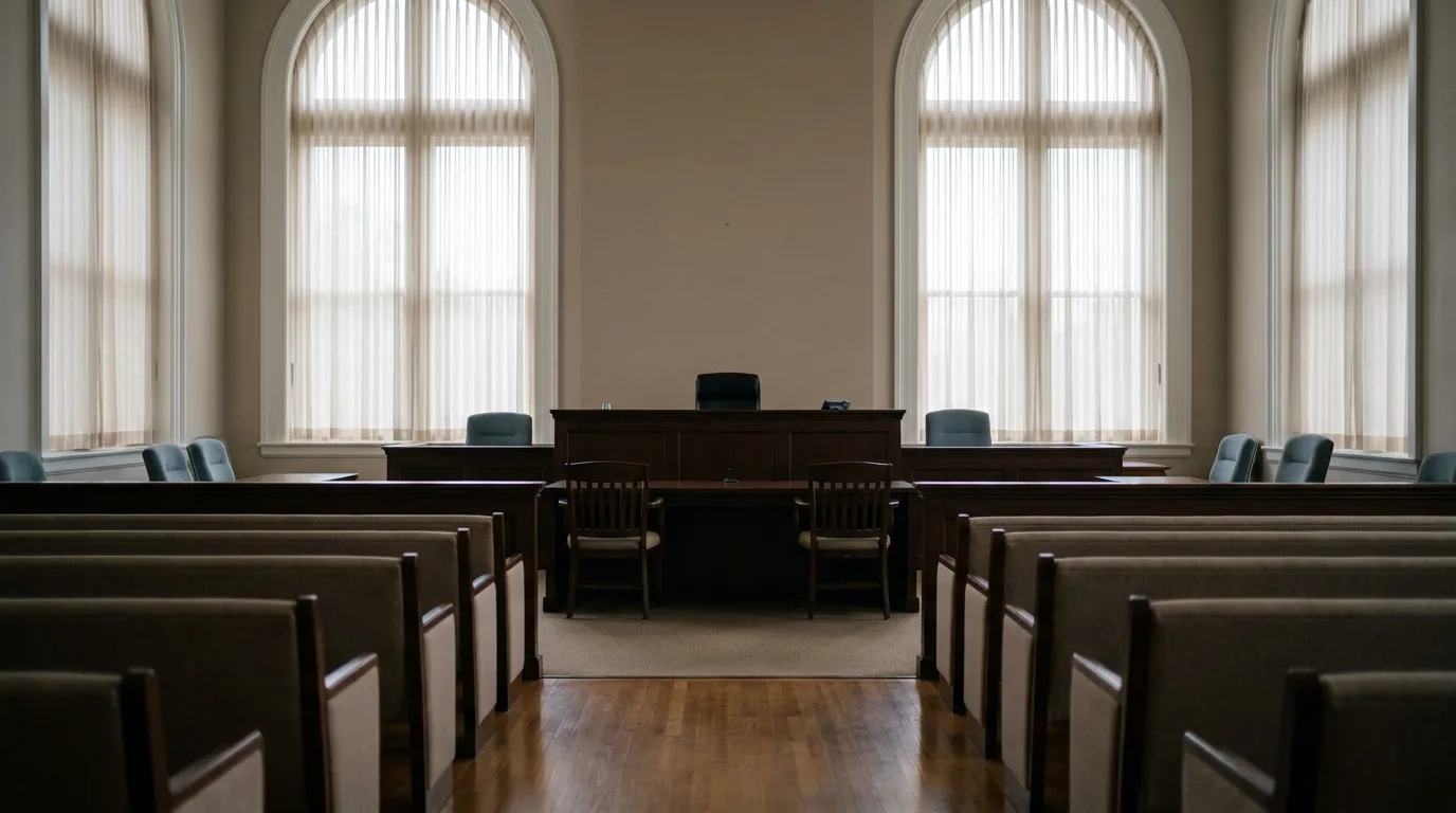 A calm, empty family courtroom with a wooden judge's bench and soft daylight from tall windows