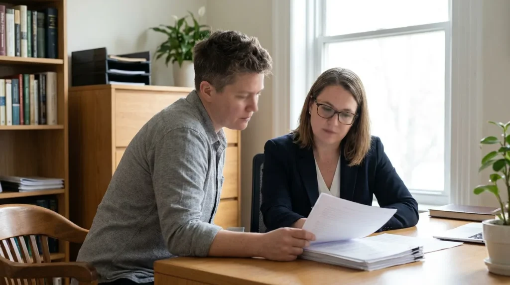 A parent sitting across from an attorney reviewing documents in a calm office in soft daylight