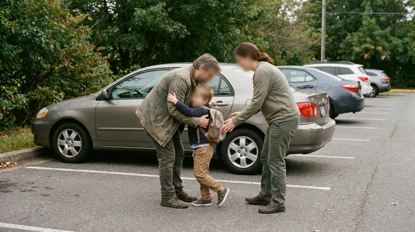 A calm neutral child-exchange in a parking area with a parent and child, composed mood