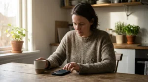 A parent calmly typing a message on a phone at a kitchen table in soft daylight, composed and focused
