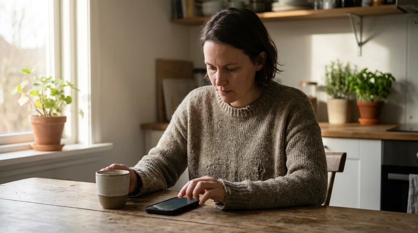 A parent calmly typing a message on a phone at a kitchen table in soft daylight, composed and focused