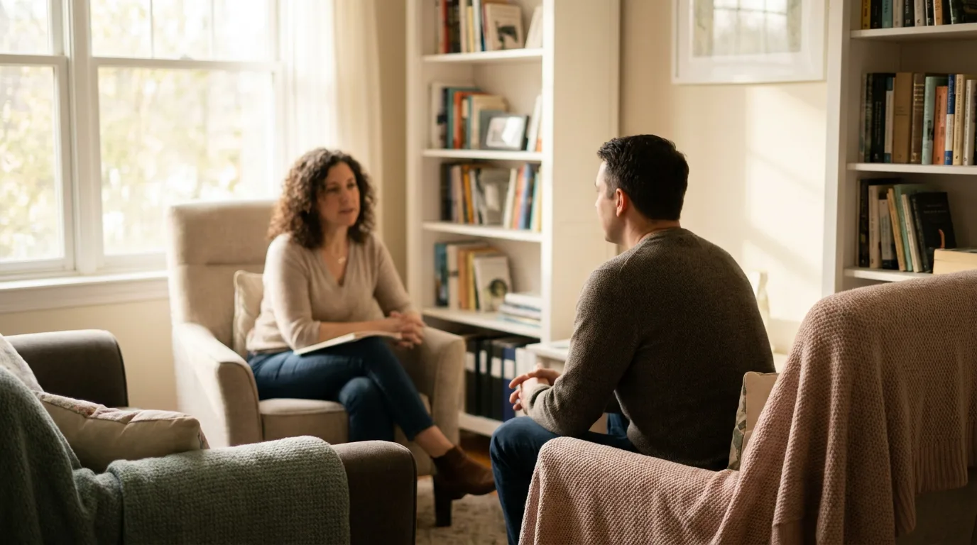 A person talking with a therapist in a calm office setting in soft daylight