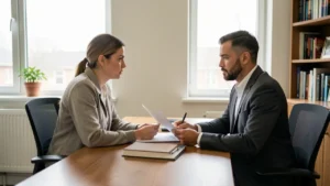 A parent meeting with an attorney reviewing options across a desk in a calm office