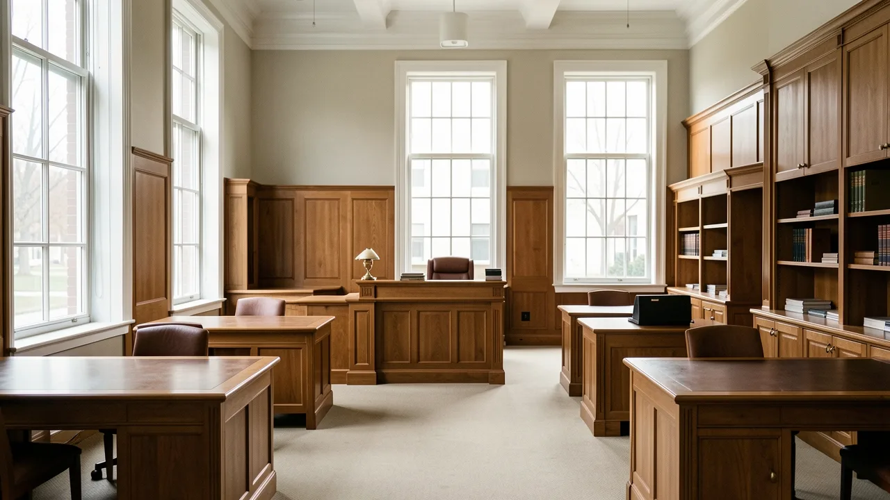 A calm courthouse or law-office interior with soft daylight from tall windows