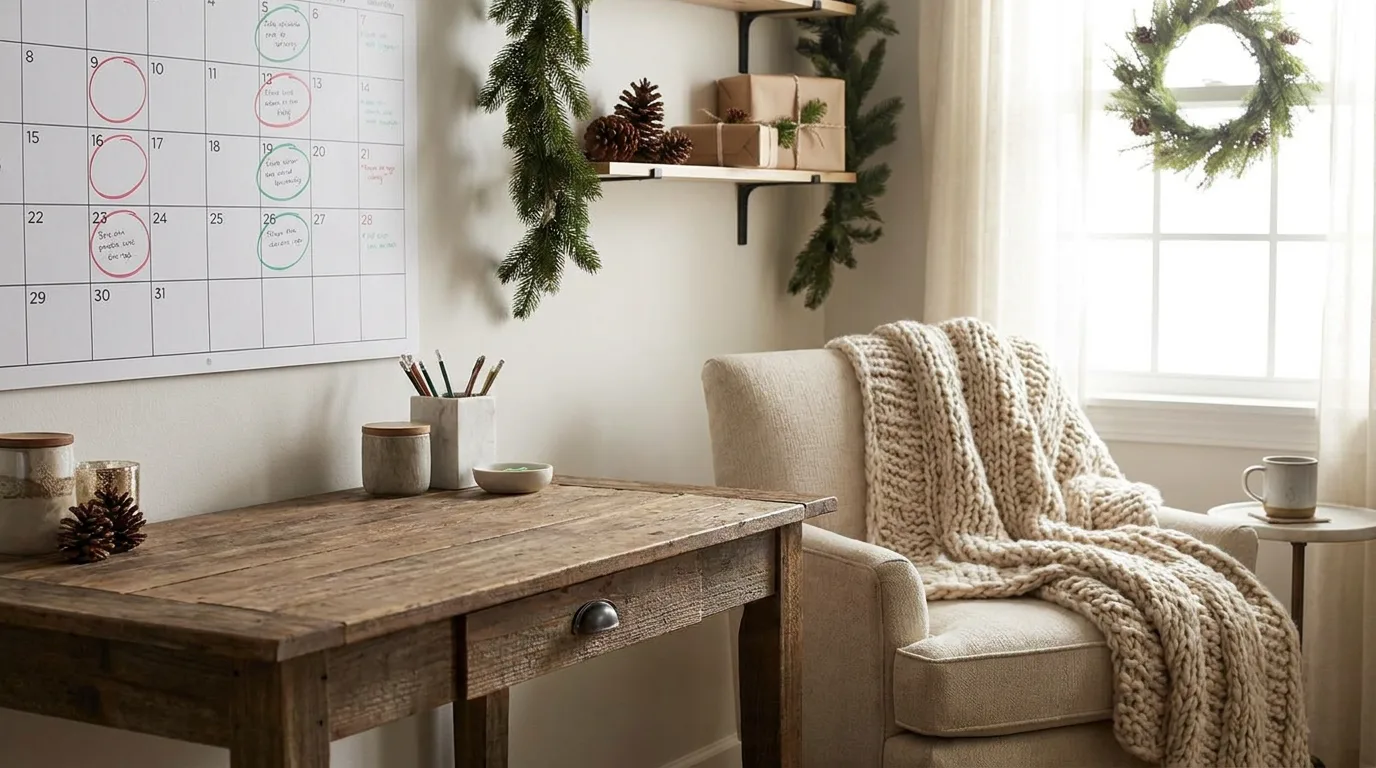 A calendar with holidays marked beside a warm seasonal home setting in soft light