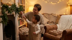A parent and child decorating for a holiday at home in warm light, relaxed and happy
