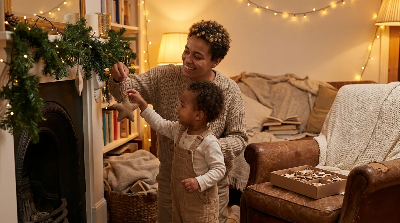 A parent and child decorating for a holiday at home in warm light, relaxed and happy