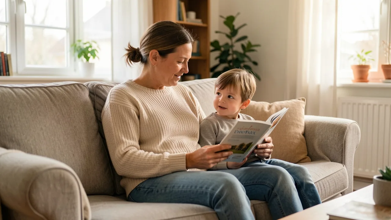 A parent and young child sharing a calm, steady moment at home, conveying a stable single-home routine