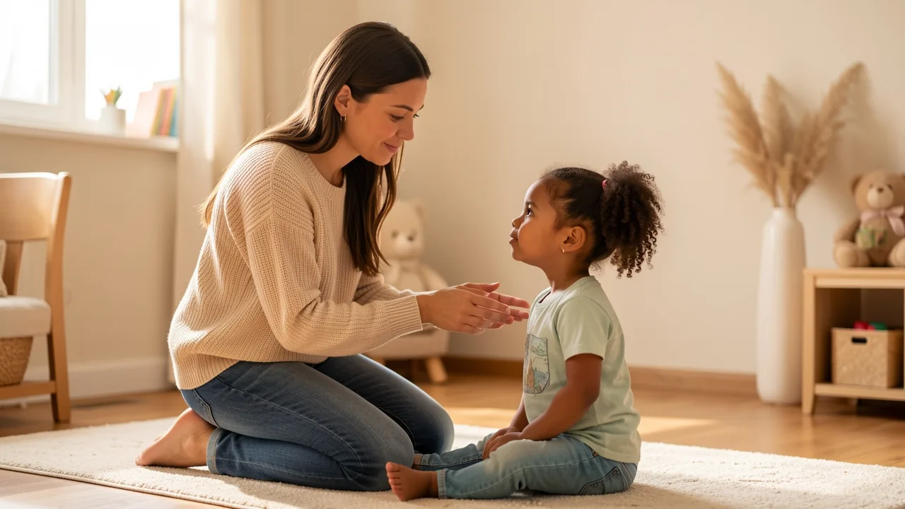 A parent kneeling to a young child's eye level, reassuring them gently