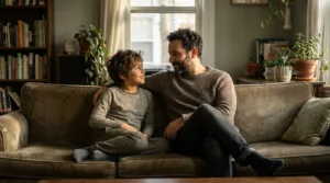 A parent and child sitting together on a couch in calm daylight, talking quietly
