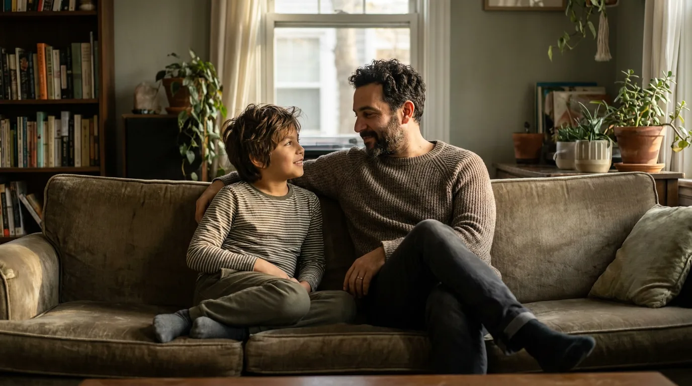 A parent and child sitting together on a couch in calm daylight, talking quietly