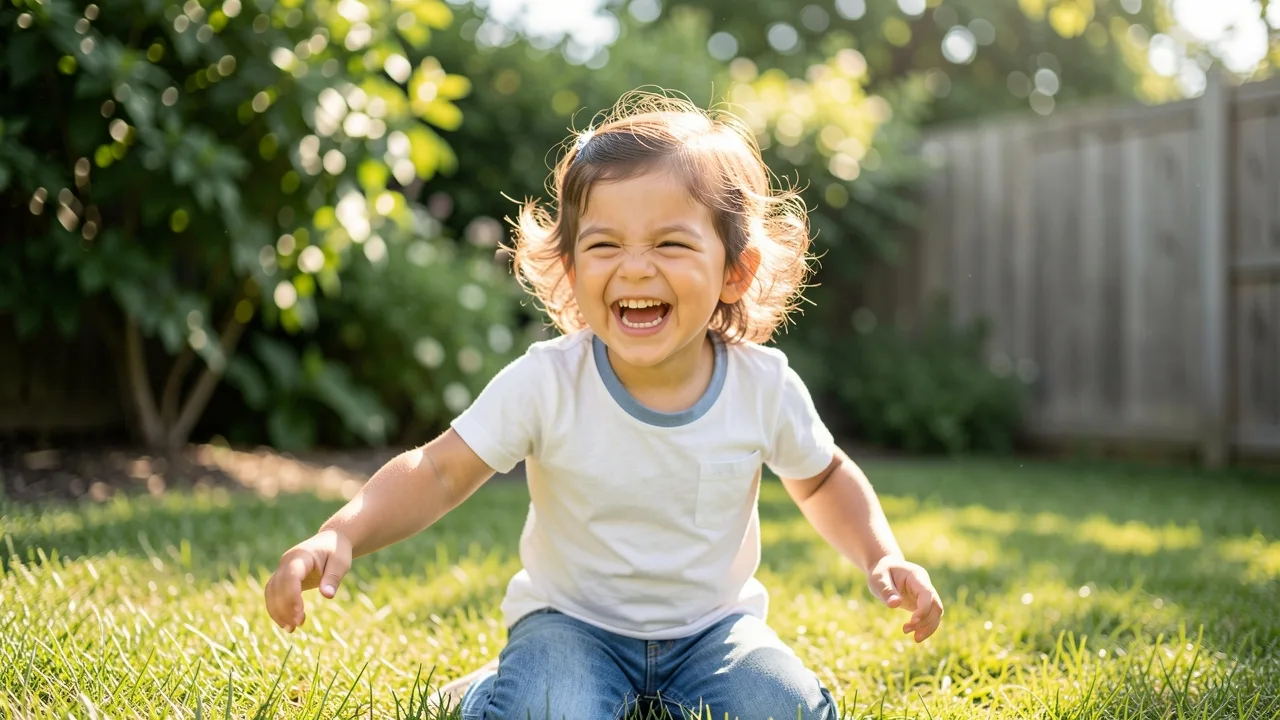 A young child playing happily in a sunlit backyard, relaxed and absorbed