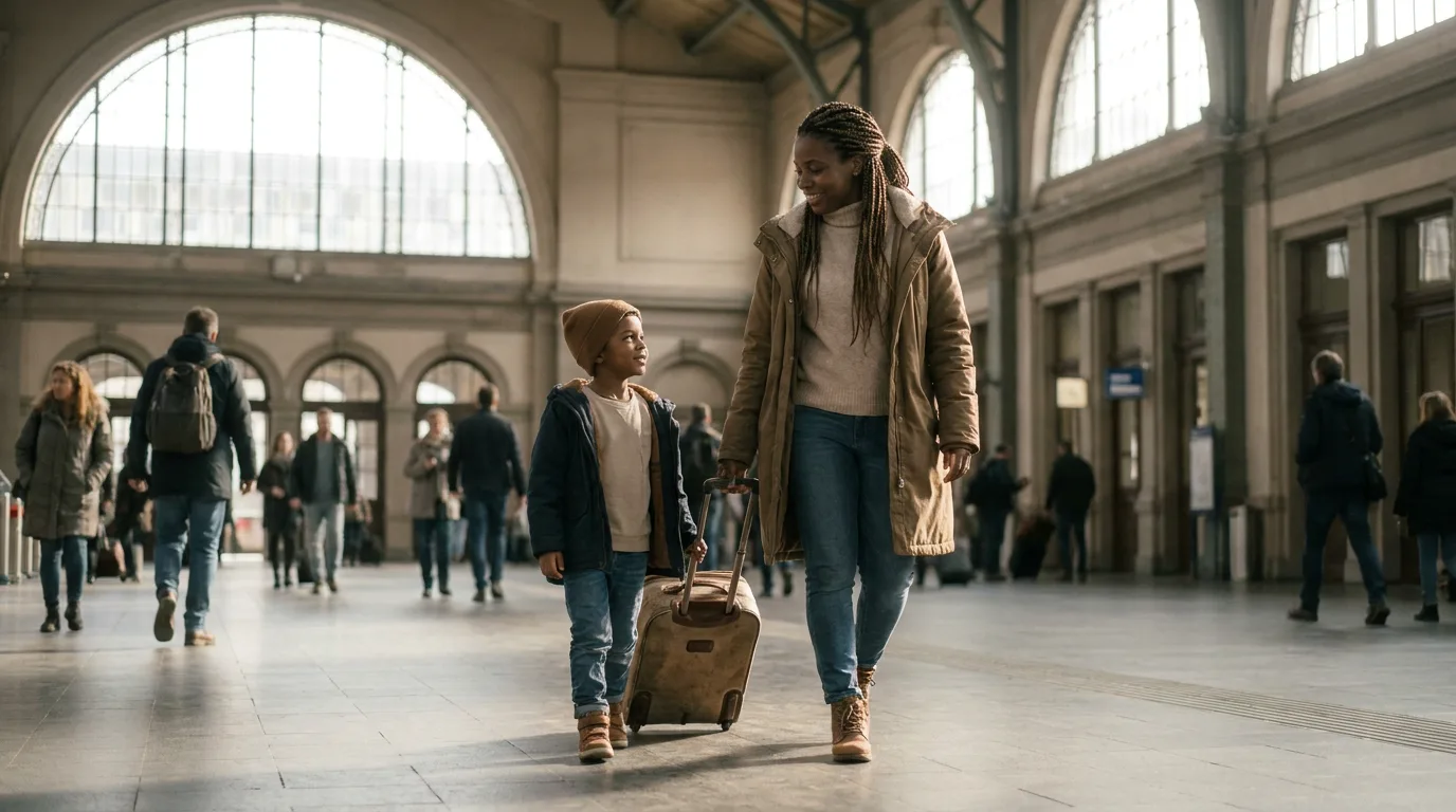 A child with a small rolling suitcase at a station, accompanied by a parent, calm and unhurried