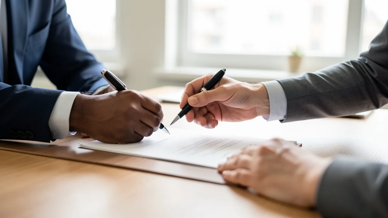 Two people reviewing and signing a parenting-plan document across a table in a calm office