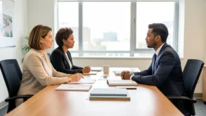 Two parents seated at a table with a neutral mediator in a calm, well-lit office