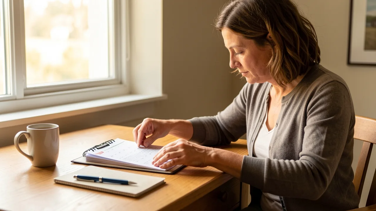 A parent organizing documents and a calendar into a folder at a home desk in daylight