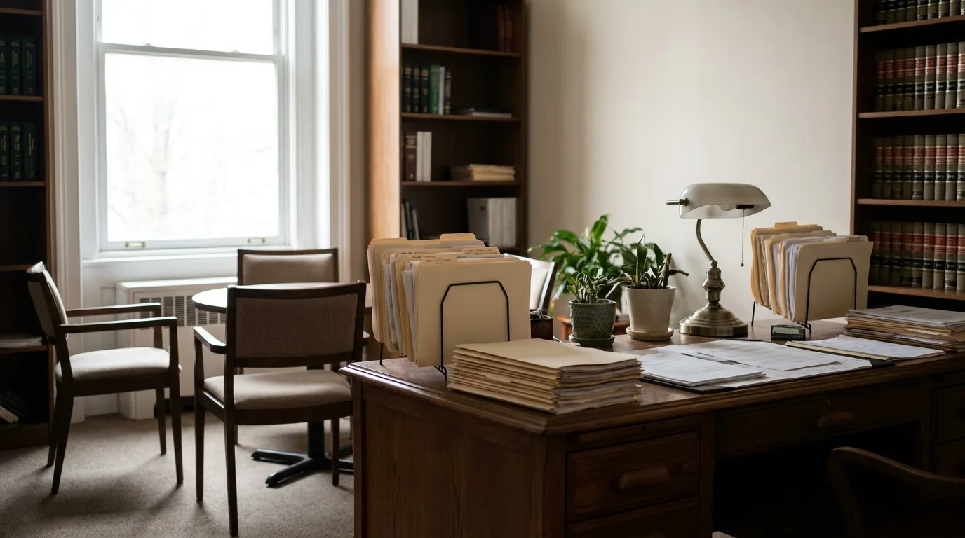 A calm family-court or attorney's office with a desk, documents, and soft daylight