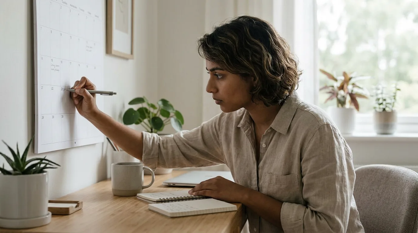 A parent updating a calendar and notes at a desk in calm daylight, organized and focused