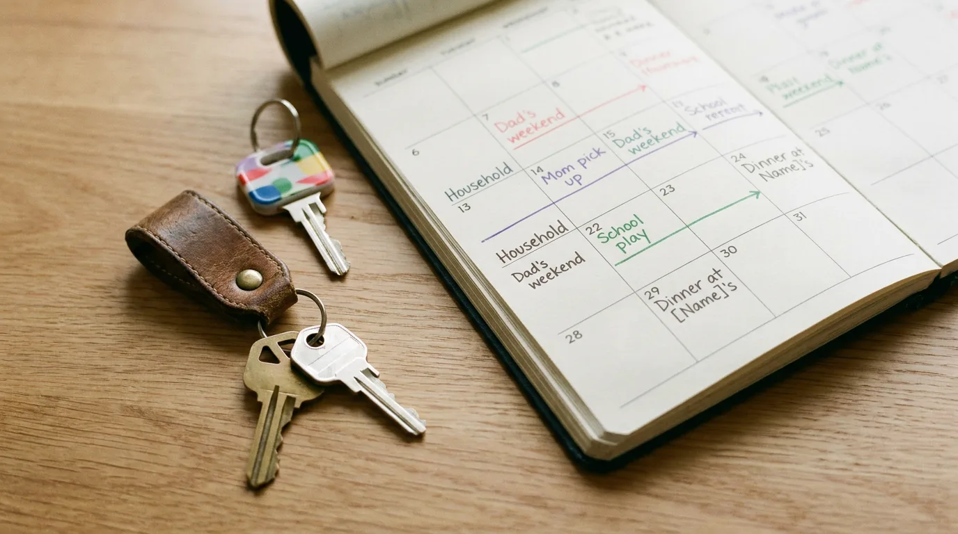 Two house keys beside a shared paper calendar, representing two cooperating households