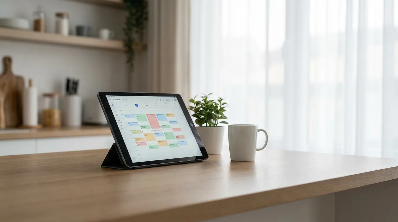 A tidy shared calendar on a kitchen counter in soft daylight, conveying organized low-contact scheduling