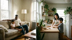 A split scene of two separate calm households, each with a parent and child, connected by a shared calendar