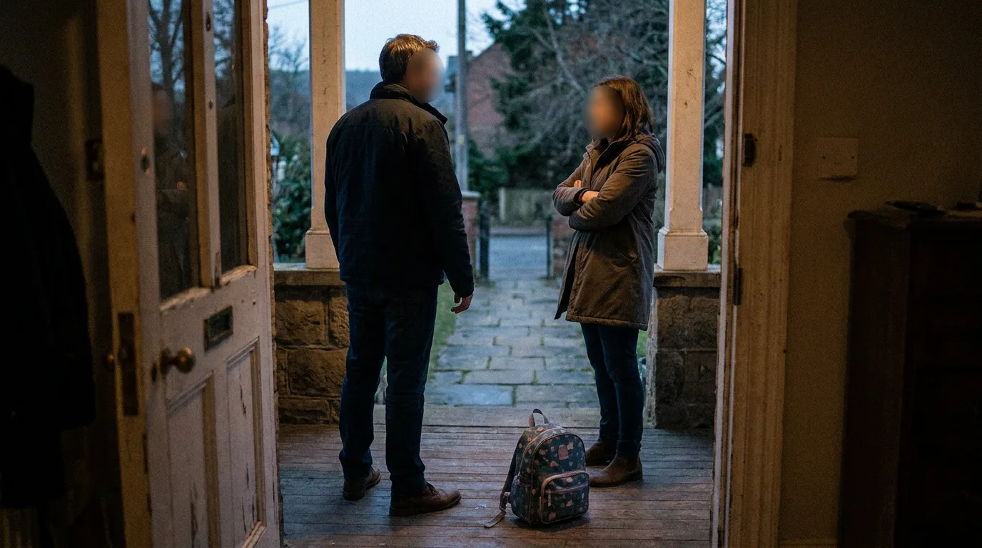 Two parents standing apart in a doorway during a tense but controlled child handoff at dusk