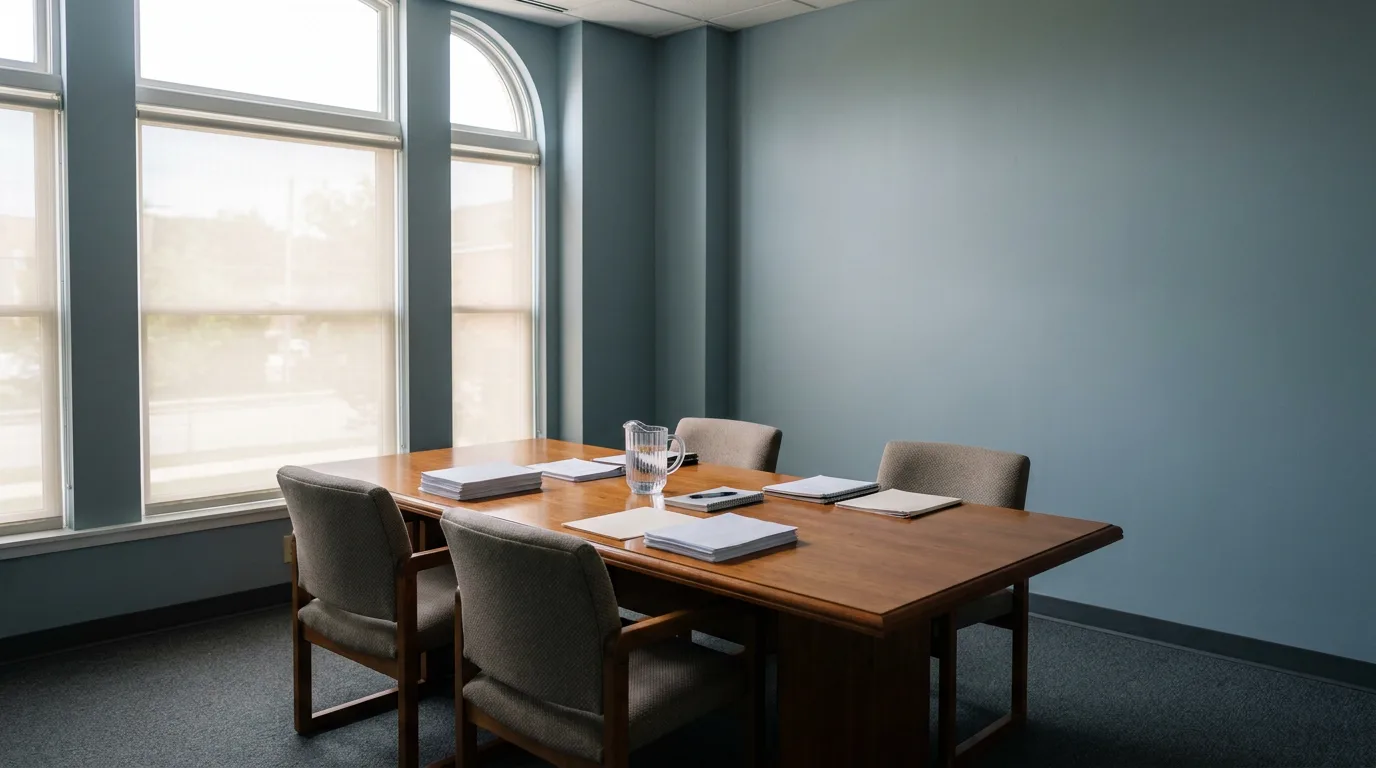 A calm, empty family-court mediation room with a wooden table and soft daylight from tall windows