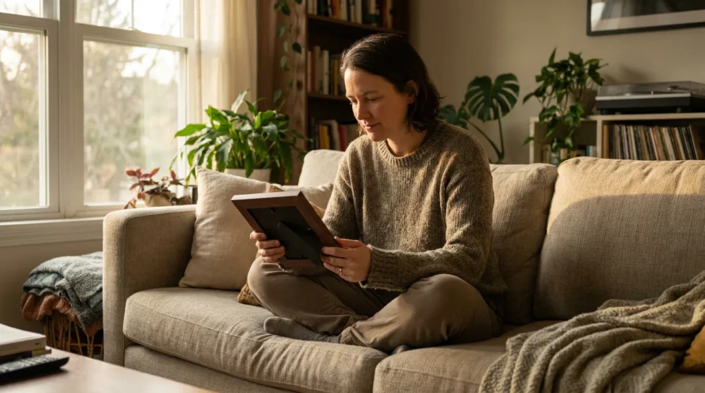 A parent sitting alone on a couch in soft daylight, looking thoughtfully at a framed photo of their child