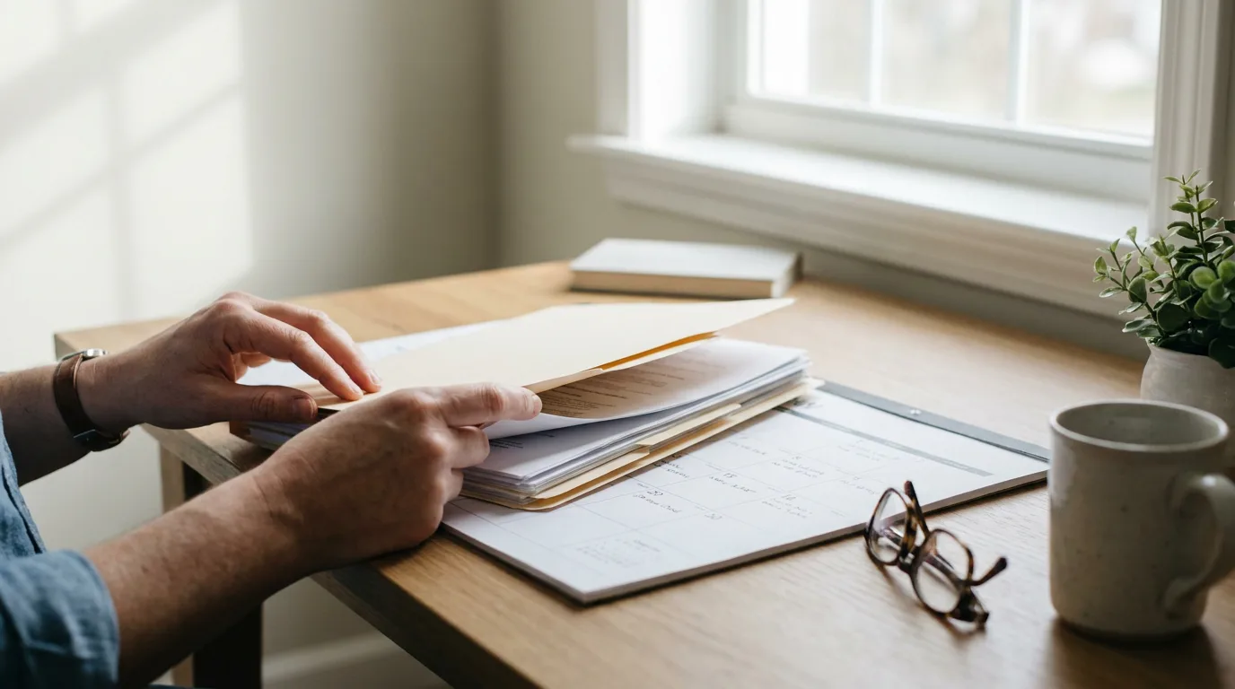 A parent's hands organizing a folder of documents and a calendar at a desk in soft daylight