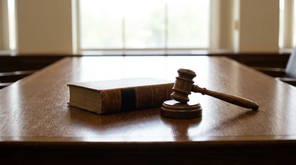 A state law book and a gavel resting on a courtroom table in calm daylight
