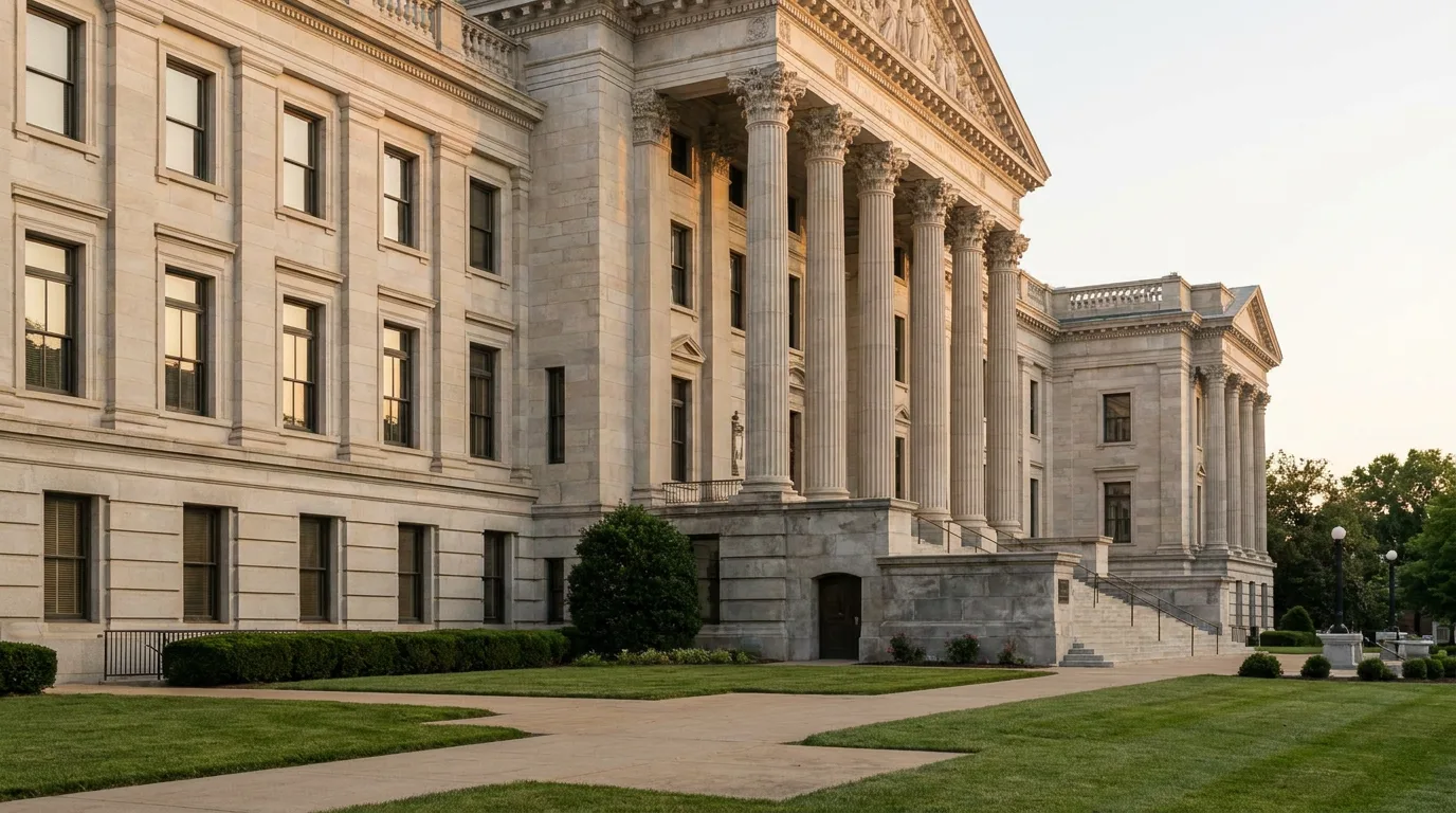 A state capitol building with classical columns in soft morning light